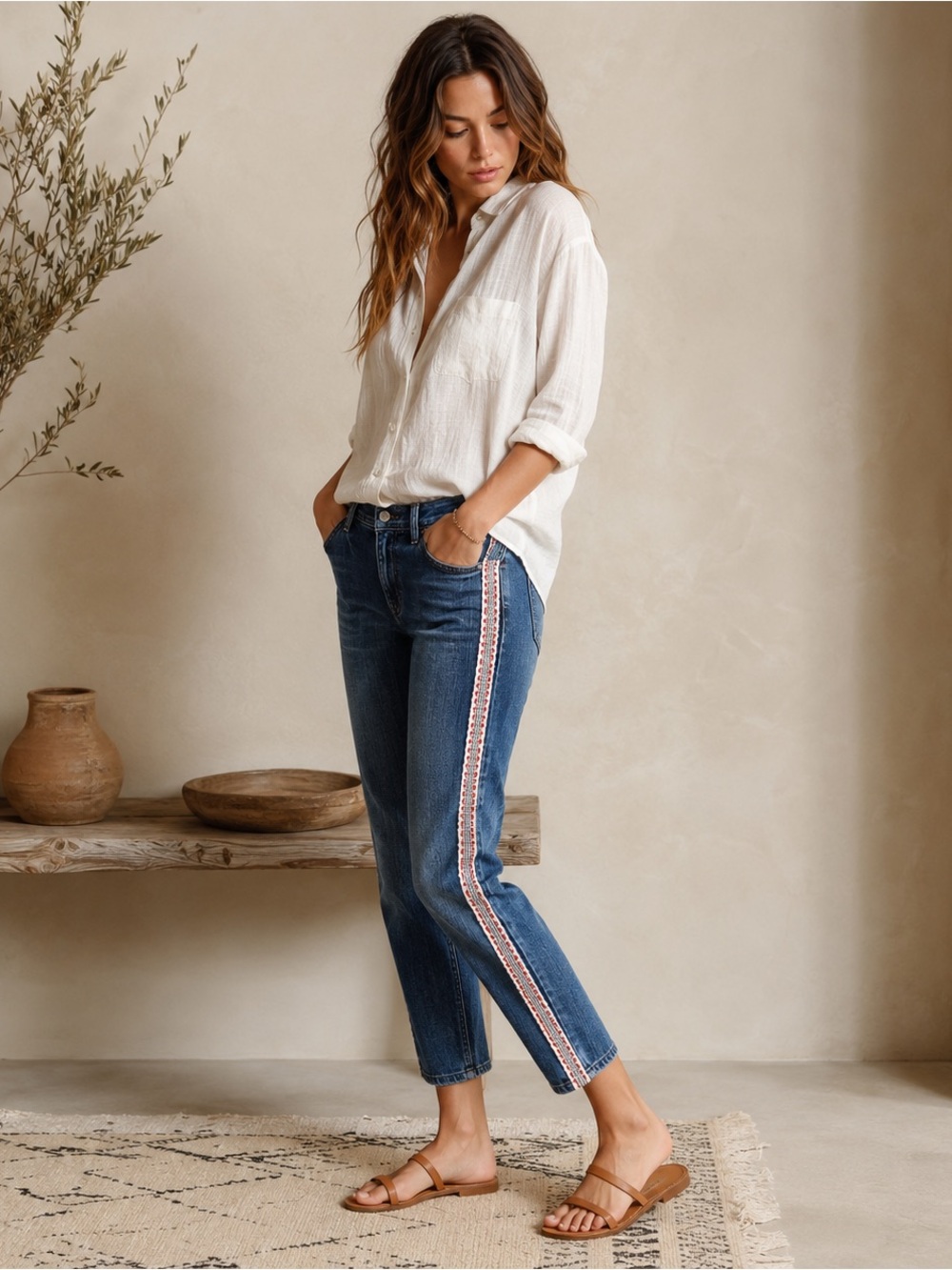 Pilcro Anthropologie Slim Boyfriend Crop Embroidered Side Stripe Jeans Size 28
